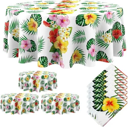 Miniatura 10 de Oudain Mantel hawaiano de 3 piezas de 84 pulgadas con hojas de palmera tropicales, flores redondas, de plástico, desechable, circular, impermeable