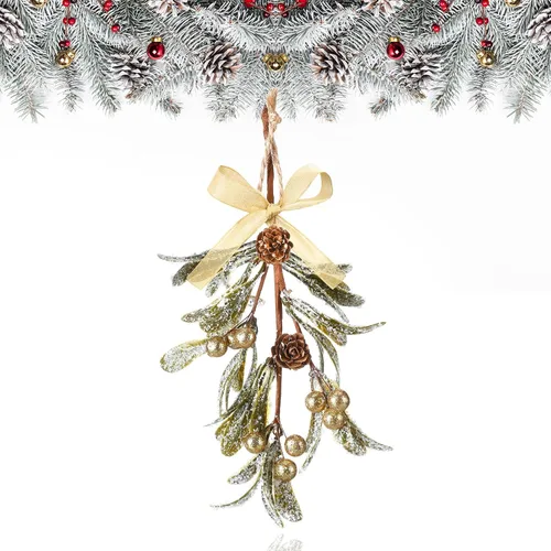 Miniatura 10 de Giegxin 1 pieza Adorno de Navidad Artificial de Muérdago Colgante con Lazo Rojo Bouquet de Adornos Colgantes de Navidad Floral con Piñas Naturales