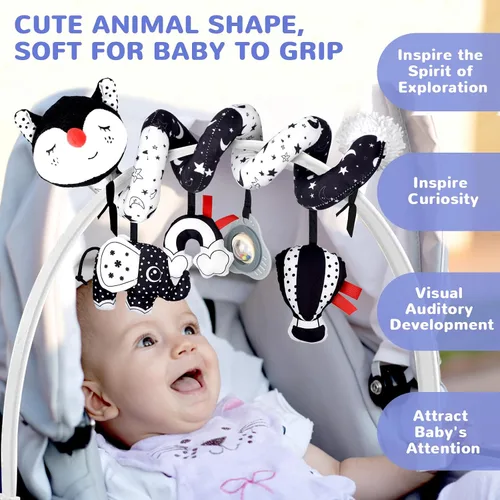 Miniatura 5 de XIXILAND Juguetes de Coche Musicales para Asiento de Bebé en Negro y Blanco, Juguetes para Bebés, Juguetes para Niños de 0 a 6 Meses, Juguetes