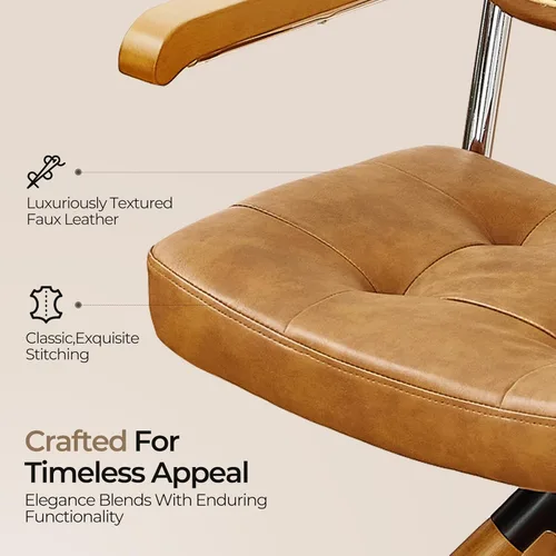 Miniatura 4 de Zouron Silla de escritorio de ratán sin ruedas, sillón tapizado de piel sintética, silla de oficina giratoria con respaldo de caña natural y patas