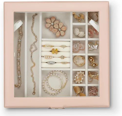 Miniatura 4 de Glenor Co - Joyero de 28 secciones 2 capas Broche de hebilla y cierre magnético Tapa grande de cristal Diseño de cuero Arena Organizador
