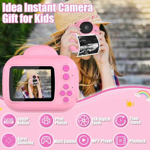 Miniatura 2 de Cámara para niños con impresión instantánea para niños, cámaras para niños pequeños, cámaras de video digitales HD 1080P, juguete de cámara Rosa