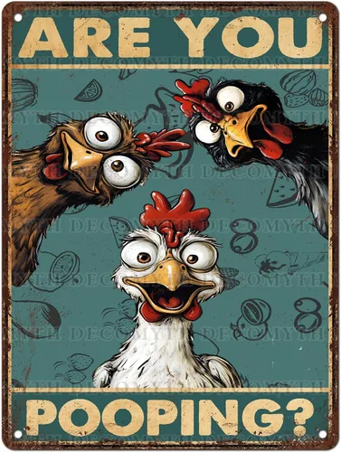 Miniatura 23 de Letrero de estaño vintage de pollo, ¿estás haciendo caca? Póster retro de baño de metal, arte de pared divertido, inodoro, cueva de hombre, bar