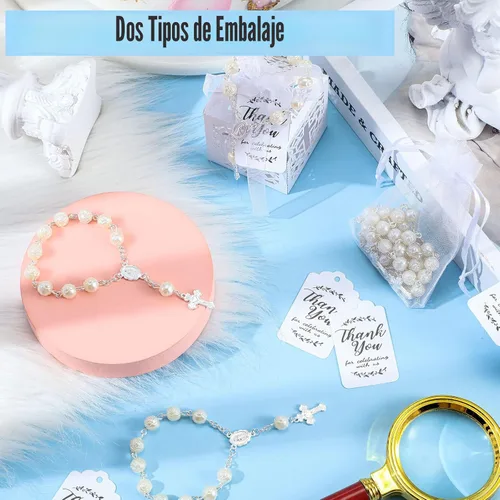 Miniatura 5 de El juego de 100 recuerdos de bautismo incluye 25 piezas de mini rosario, cajas de regalo de bautismo cortadas con láser, bolsas de organza blanca
