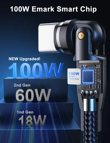 Miniatura 5 de Cable de carga magnético de rotación 540 de 100 W, 3.3 pies/6 pies, paquete de 2 unidades, cable USB C a USB C, cable de carga magnética, cable