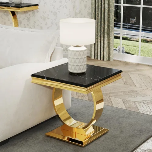 Asday Mesa auxiliar dorada, moderna mesa auxiliar negra para sala de estar con base en U de metal dorado, mesa auxiliar cuadrada para sofá, sala de