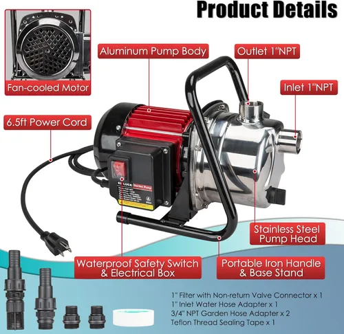 Miniatura 2 de Bomba de Jardín de Transferencia de Agua, 1.6 HP 1000GPH Bomba de Chorro Eléctrica Portátil de Pozo Poco Profundo, Bomba de Refuerzo de Presión