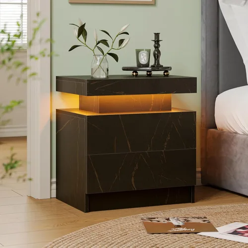 Miniatura 5 de Juego de 2 mesitas de noche con 2 cajones de madera, moderna mesita de noche LED para dormitorio LED Night Stand set 2,Night Stands set of 2 for