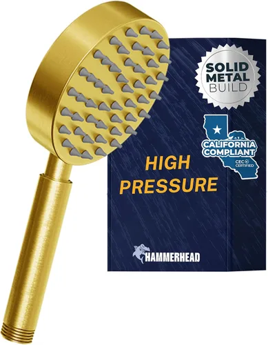 HammerHead Showers® Cabezal de ducha de mano de metal sólido - DORADO CEPILLADO - Cabezales de ducha de bajo flujo 1.8, varita rociadora de 4