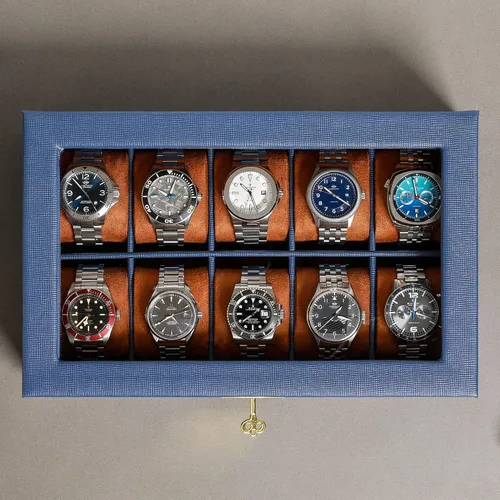 Miniatura 3 de ROTHWELL Caja de reloj de cuero con 10 ranuras, organizador de joyas de lujo, soporte para reloj con tapa de cristal grande, organizador de caja