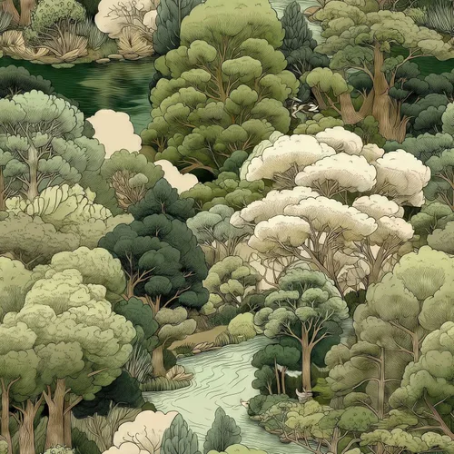 Papel Tapiz de Bosque Vintage Despegar y Pegar Removible Naturaleza Botánico Árbol Río 17.7" x 118.11" Papel de Pared Acuarela Autoadhesivo Papel de