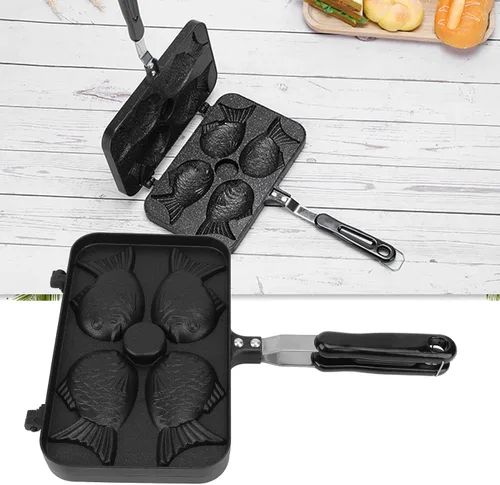 Miniatura 6 de Taiyaki - Máquina para hacer gofres, antiadherente con mango largo, mini molde para pasteles en forma de pez, 4 rejillas Taiyaki con forma de pez