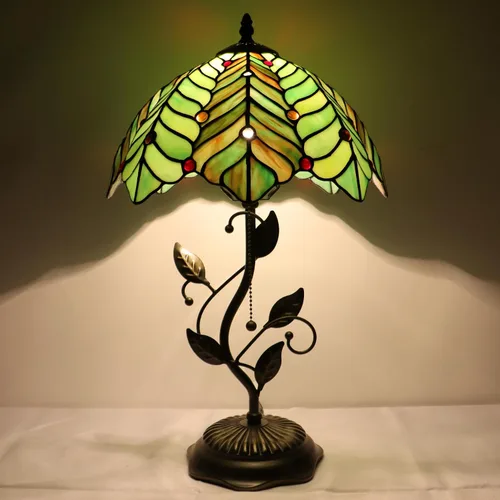 Miniatura 12 de Tiffany Table Lamp, Stained Glass Desk Light, W12H19 Inch, Metal Leaf Base (Sea Blue Pearl Style)