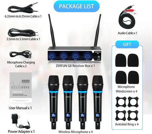 Miniatura 6 de Sistema de Micrófono Inalámbrico Recargable ZERFUN Pro de 4 Canales, Micrófonos Inalámbricos de Mano UHF de Metal con Control de Volumen, 4x50