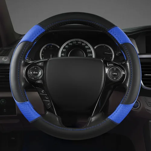 Miniatura 2 de GIANT PANDA Funda de cuero de microfibra para volante Honda Accord, Civic, CR-V, HR-V, Pilot (patrón de diamante-negro+azul-tamaño estándar)
