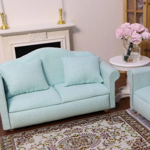 Miniatura 5 de Sofá de casa de muñecas, muebles en miniatura, sofá con almohadas para sala de estar, decoración de escritorio, sofá de tela, mini accesorios