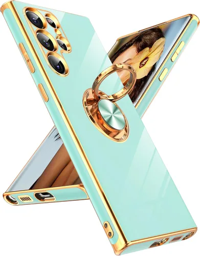 Miniatura 155 de LeYi Funda para Samsung Galaxy S22 Ultra con soporte de anillo giratorio de 360°, soporte magnético, chapado en oro rosa, borde protector para Negro