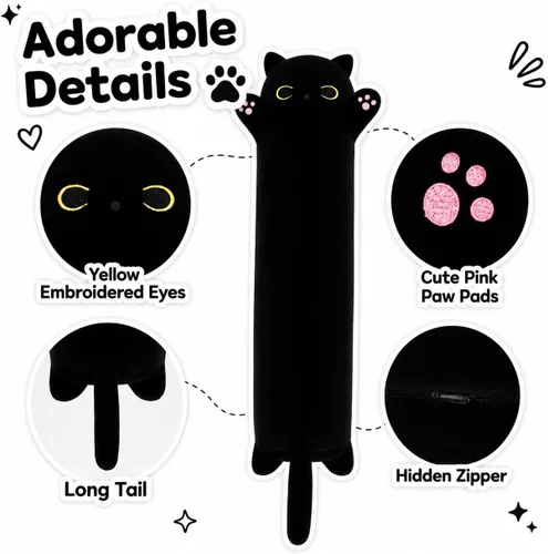 Miniatura 3 de Almohada de gato de felpa suave, almohada larga de juguete de animal de peluche para gatito, regalo para niños, novia (50CM, negro)