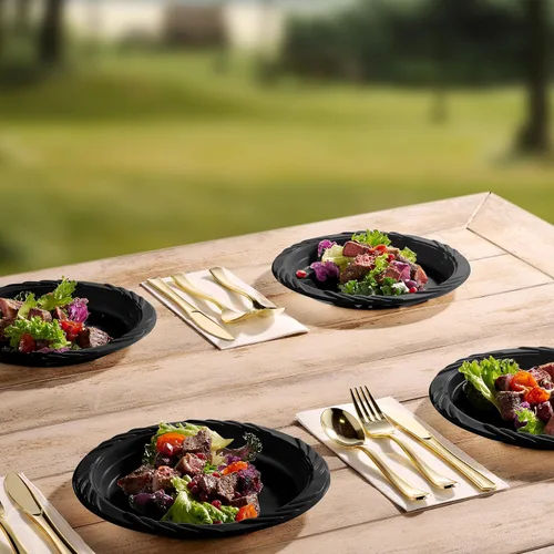 Miniatura 7 de Munfix Juego de 200 platos de plástico negro – platos llanos desechables de 9 pulgadas, paquete a granel para fiestas, barbacoas, picnic, fiestas