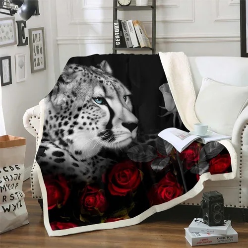 Manta de sherpa con estampado de leopardo y rosas rojas y animales de safari africanos, manta de vellón para niños y adultos, estampado floral de