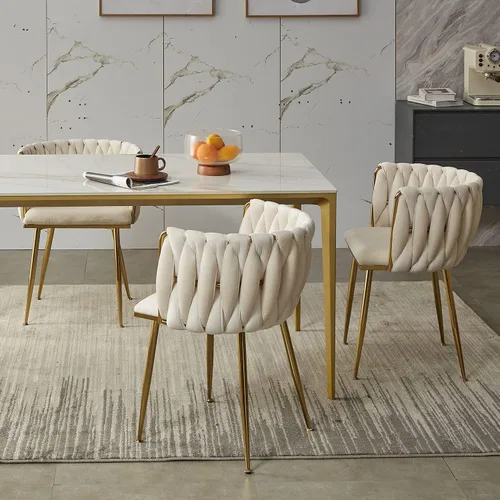 Miniatura 2 de Juego de 2 sillas de comedor de terciopelo, modernas sillas de comedor tapizadas con patas de metal dorado y respaldo tejido para comedor, cocina
