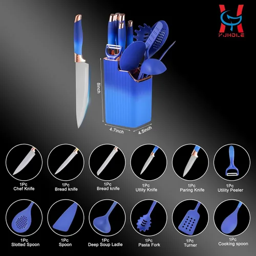 Miniatura 6 de Juego de utensilios de cocina de 13 piezas, juego de utensilios de cocina de silicona azul con 5 cuchillos de cocina, juego de espátulas no tóxicas