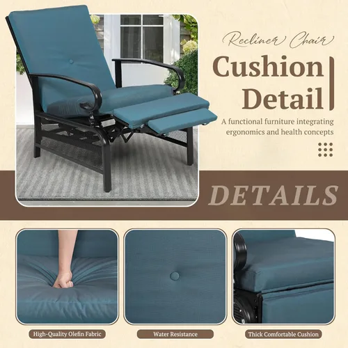Miniatura 4 de Oakcloud Sillón Ajustable para Exteriores Silla Reclinable Relajante de Metal para Patio con Cojines Extraíbles (Azul Pavo Real)