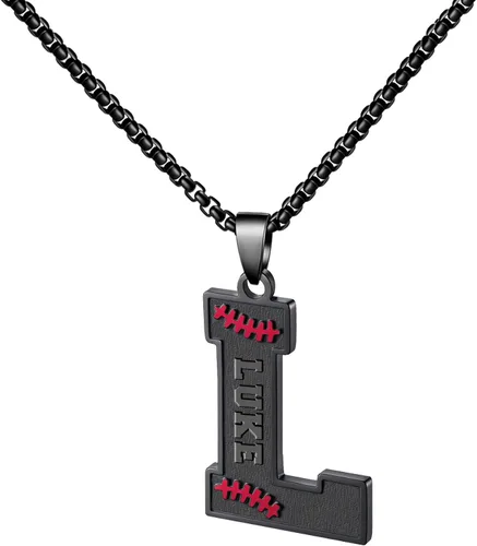 Miniatura 78 de Ldurian Collar personalizado con nombre de béisbol, cadena negra de acero inoxidable, collar con nombre deportivo, letra A-Z de 24 pulgadas, regalos