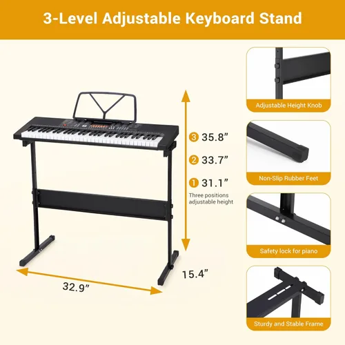 Miniatura 4 de ZENY Piano de teclado eléctrico portátil de 61 teclas con altavoces integrados, pantalla LED, auriculares, micrófono, soporte para piano, soporte