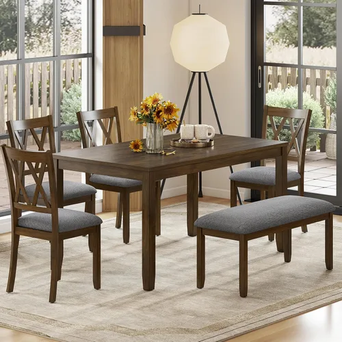 Miniatura 16 de Zevemomo Juego de mesa de comedor de madera maciza de 6 piezas, incluye 1 mesa de comedor, 4 sillas tapizadas y 1 banco, juego de mesa de comedor