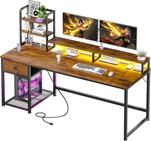 Miniatura 12 de Escritorio para juegos de 44 pulgadas con gabinete y cajones, escritorio reversible para computadora con estante para monitor, escritorios