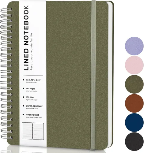 Miniatura 9 de Cuaderno de diario con líneas en espiral, cuaderno A5 de cuero de tapa dura para el trabajo, 5.7''×8.2'', papel grueso de 100GSM encuadernado