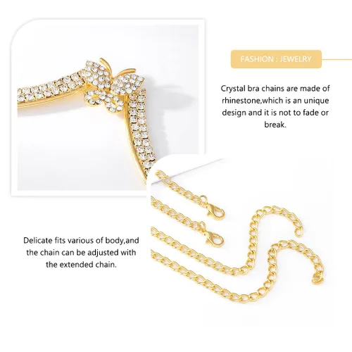 Miniatura 3 de Jeweky Cadena de cuerpo con diamantes de imitación dorados, soporte de pecho, cadenas de brasier, joyería para el cuerpo, bikini, discoteca