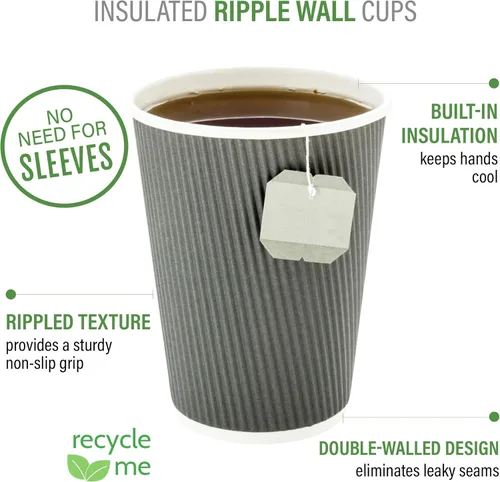 Miniatura 4 de Restaurantware 500 Tazas de papel desechables y con aislante de 4 onzas, diseño ondulado, color gris, con borde enrollado, tapas vendidas por