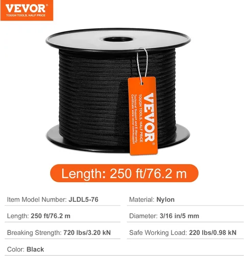 Miniatura 7 de VEVOR Cuerda de nailon trenzada, 3/16 pulgadas x 250 pies, 32 hebras, 720 LBS de resistencia a la rotura para exteriores, aparejo de árbol arborista