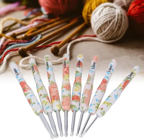 Miniatura 3 de Juego de 8 ganchos ergonómicos de ganchillo, kit de ganchos de ganchillo de aluminio colorido con diseño floral amarillo para tejedores