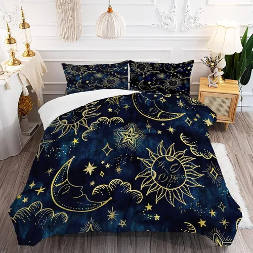 Juego de edredón Sol y Luna, tamaño individual, azul dorado, celestial, bohemio, para niños, adultos, mujeres, adolescentes, universo, galaxia,