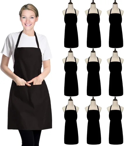 Paquete de 9 delantales negros para mujeres, adultos, niñas y mujeres con bolsillos, delantales de cocina a granel para cocinar, pintar, barbacoa,