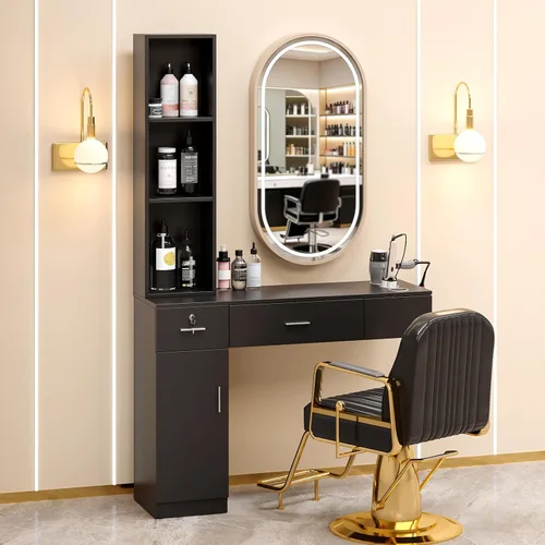 Miniatura 2 de OmySalon Estaciones de peluquería de montaje en pared, estaciones de salón para estilistas, juego de equipos de peinado con un gabinete de Negro