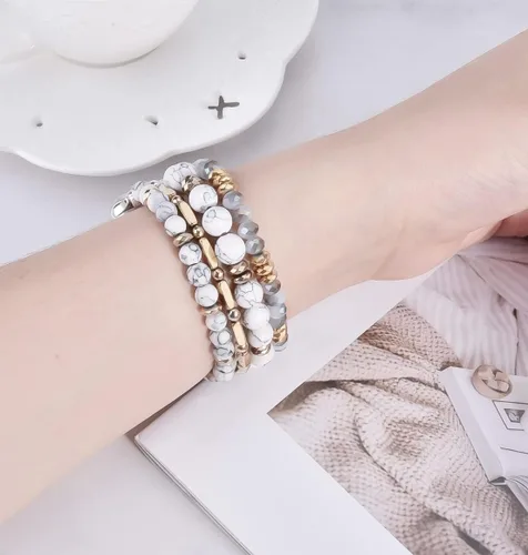Miniatura 6 de VISOOM Pulsera de cuentas compatible con Apple Watch Band de 40mm/38mm/41mm/42mm Series 10 9 8 7 SE Series 6/5/4; correa de reloj elástica con Blanco