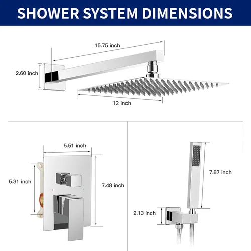 Miniatura 7 de BWE Juego combinado de ducha de mezclador de lluvia de lujo de 12 pulgadas cuadradas para baño, montado en la pared, sistema de cabezal de ducha