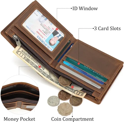 Miniatura 21 de Polare - Cartera plegable de piel de caballo loco natural para hombre, con bloqueo RFID