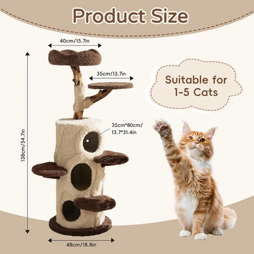 Miniatura 2 de RPZ Árbol para gatos de madera maciza de lujo de 54.7 pulgadas para gatos pequeños a medianos, poste rascador de madera natural con rama real