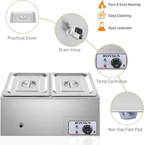 Miniatura 4 de ROVSUN Calentador eléctrico comercial de 21 cuartos de galón, 2 bandejas, 110 V, acero inoxidable Bain Marie, mesa de vapor de 10.6 cuartos de galón