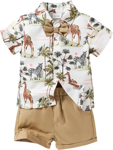 Miniatura 34 de JEELLIGULAR Conjunto de ropa de verano para bebé niño de manga corta con botones y pantalones cortos, trajes casuales para caballeros de 1 a 6 años