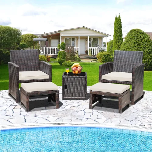 Miniatura 3 de COSTWAY Juego de 5 muebles de ratán para patio, sillas de sofá acolchadas con otomanas y mesa auxiliar, juegos de conversación de mimbre al aire