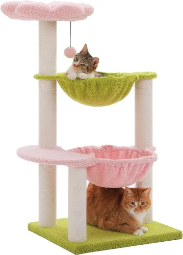 Miniatura 14 de MUTTROS Árbol de flores para gatos, torre para gatos de 28 pulgadas con acogedora percha de flores, hamaca grande para gatos pequeños