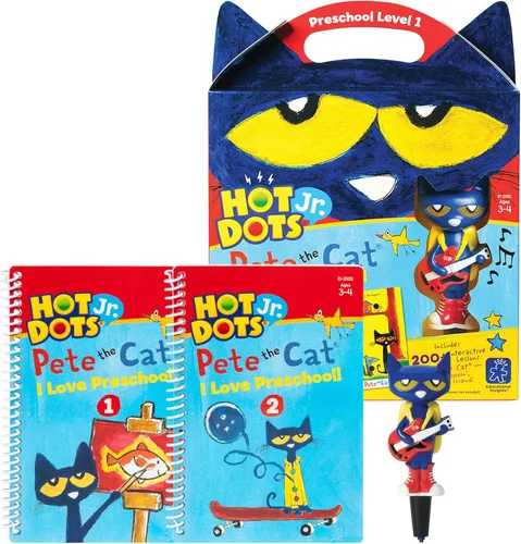 Educational Insights Hot Dots Jr. Pete The Cat - Conjunto I Love Preschool con bolígrafo interactivo, libros de trabajo de matemáticas y lectura,
