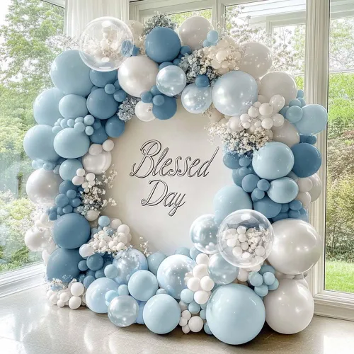 Guirnalda de globos azul empolvado y blancos, kit de arco de globos Bobo de perlas azul claro con doble relleno para cumpleaños, baby shower, boda,