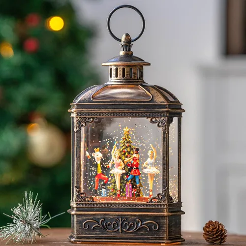Miniatura 17 de Gnomos de Navidad de 10 pulgadas, linterna de globo de nieve iluminada, caprichoso árbol de Navidad y elfo escandinavo, linterna de agua musical
